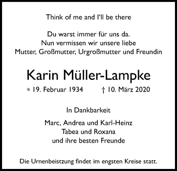 Anzeige von Karin Müller-Lampke von Kölner Stadt-Anzeiger / Kölnische Rundschau / Express