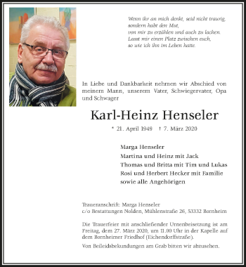 Anzeige von Karl-Heinz Henseler von  Schaufenster/Blickpunkt 
