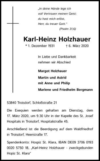 Anzeige von Karl-Heinz Holzhauer von Zeitungsgruppe Köln