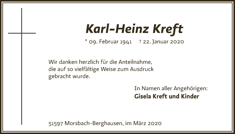  Traueranzeige für Karl-Heinz Kreft vom 18.03.2020 aus  Lokalanzeiger 