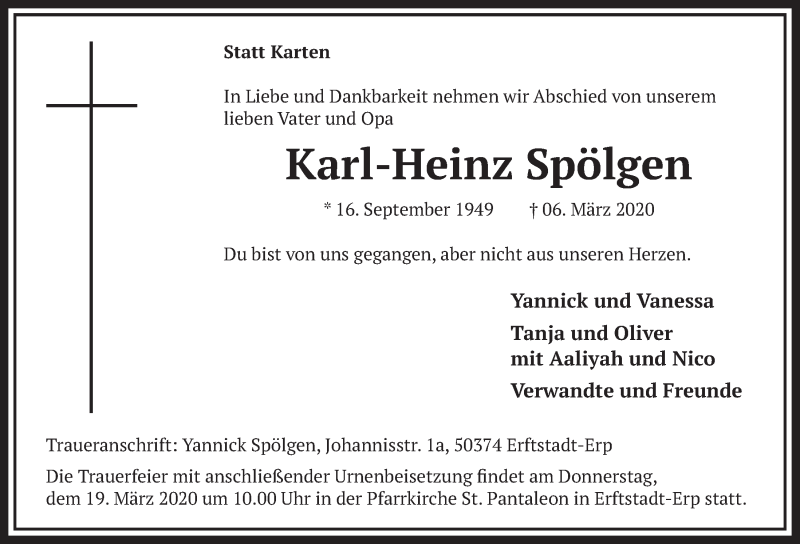  Traueranzeige für Karl-Heinz Spölgen vom 14.03.2020 aus  Sonntags-Post 