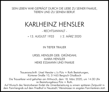Anzeige von Karl Hensler von Kölner Stadt-Anzeiger / Kölnische Rundschau / Express