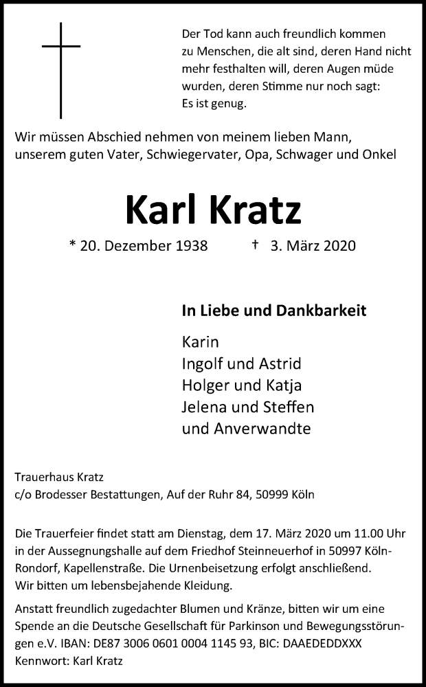  Traueranzeige für Karl Kratz vom 14.03.2020 aus Zeitungsgruppe Köln