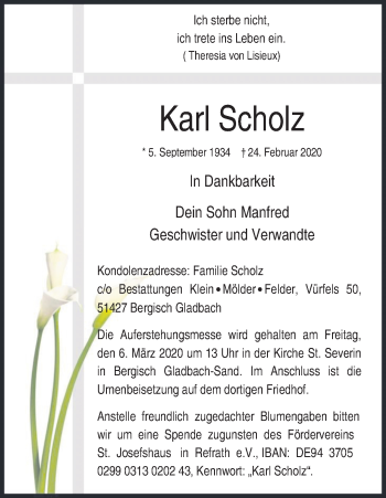 Anzeige von Karl Scholz von Kölner Stadt-Anzeiger / Kölnische Rundschau / Express