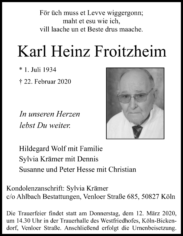  Traueranzeige für Karl Heinz Froitzheim vom 07.03.2020 aus Kölner Stadt-Anzeiger / Kölnische Rundschau / Express