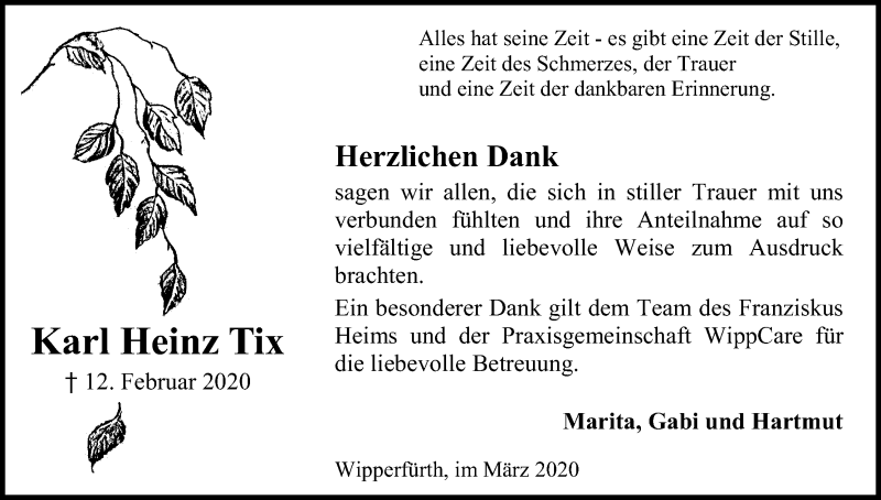  Traueranzeige für Karl Heinz Tix vom 21.03.2020 aus Kölner Stadt-Anzeiger / Kölnische Rundschau / Express