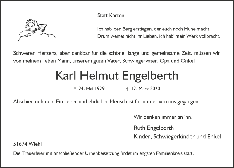  Traueranzeige für Karl Helmut Engelberth vom 27.03.2020 aus  Anzeigen Echo  Lokalanzeiger 