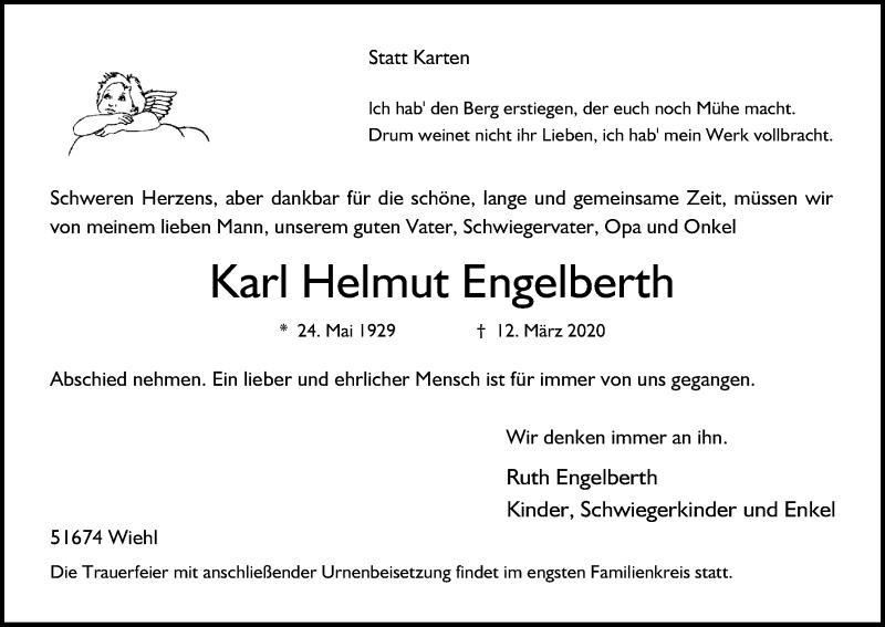  Traueranzeige für Karl Helmut Engelberth vom 27.03.2020 aus Kölner Stadt-Anzeiger / Kölnische Rundschau / Express