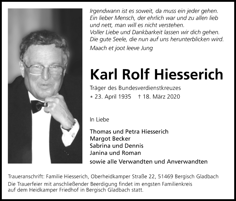  Traueranzeige für Karl Rolf Hiesserich vom 25.03.2020 aus Kölner Stadt-Anzeiger / Kölnische Rundschau / Express