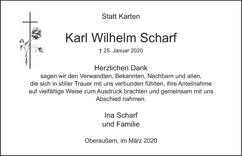  Traueranzeige für Karl Wilhelm Scharf vom 18.03.2020 aus  Werbepost 