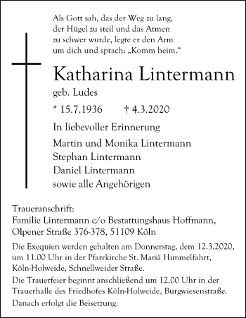 Anzeige von Katharina Lintermann von Kölner Stadt-Anzeiger / Kölnische Rundschau / Express
