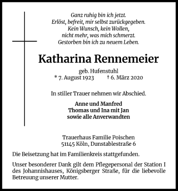 Anzeige von Katharina Rennemeier von Kölner Stadt-Anzeiger / Kölnische Rundschau / Express