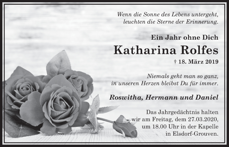  Traueranzeige für Katharina Rolfes vom 07.03.2020 aus  Sonntags-Post 