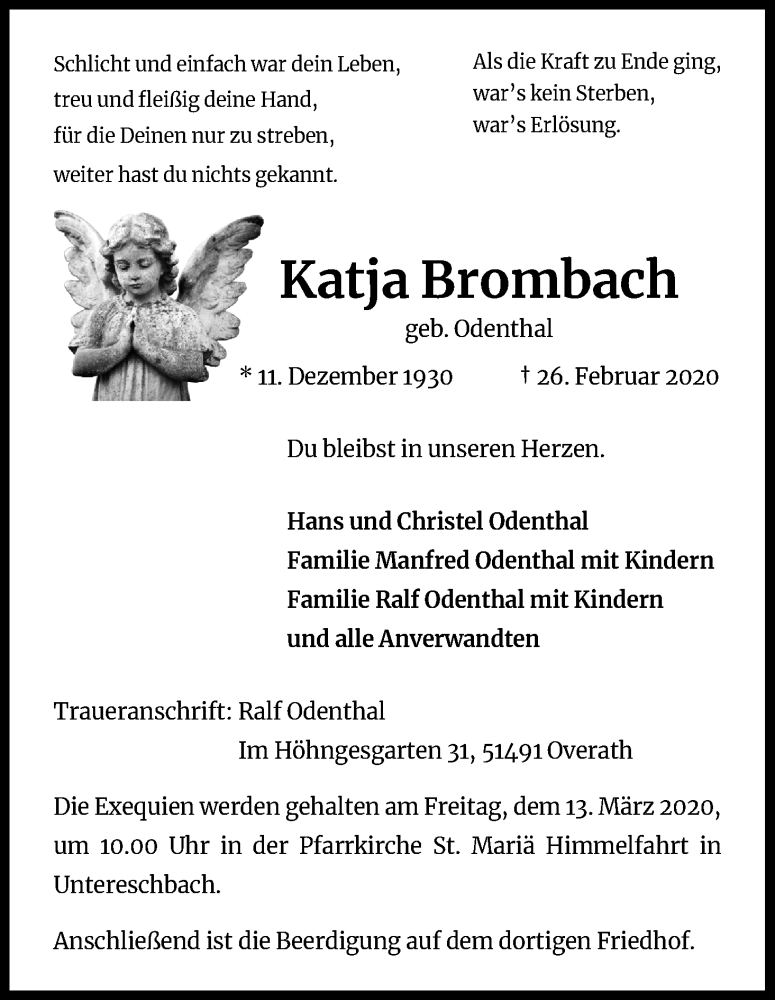  Traueranzeige für Katja Brombach vom 04.03.2020 aus Kölner Stadt-Anzeiger / Kölnische Rundschau / Express