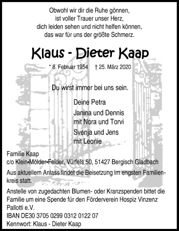 Anzeige von Klaus-Dieter Kaap von Kölner Stadt-Anzeiger / Kölnische Rundschau / Express