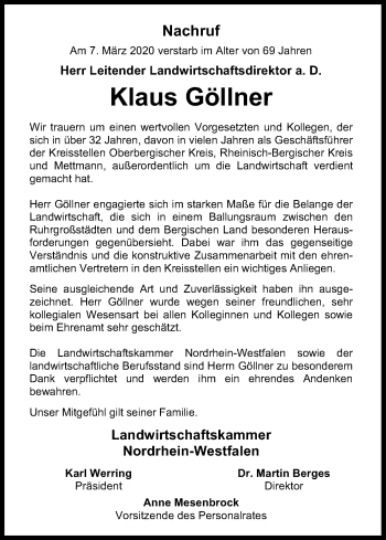 Anzeige von Klaus Göllner von Zeitungsgruppe Köln