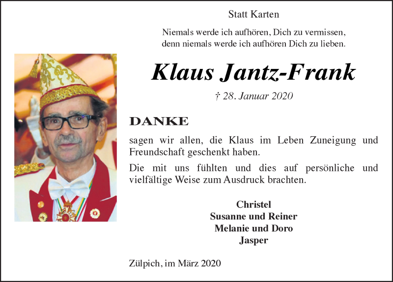  Traueranzeige für Klaus Jantz-Frank vom 07.03.2020 aus  Blickpunkt Euskirchen 