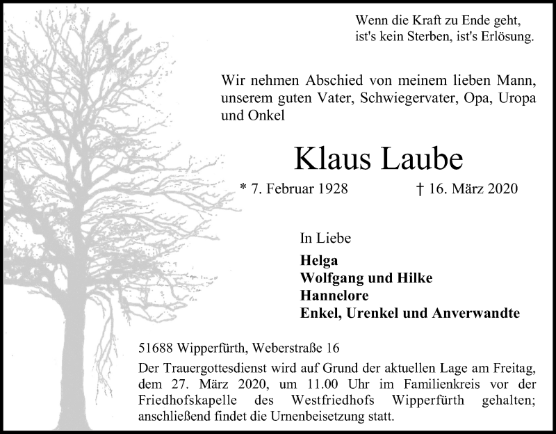  Traueranzeige für Klaus Laube vom 24.03.2020 aus Kölner Stadt-Anzeiger / Kölnische Rundschau / Express