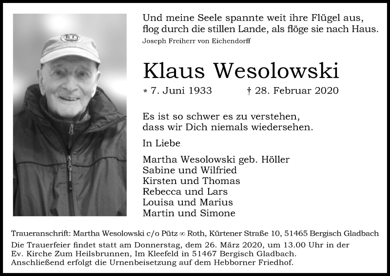  Traueranzeige für Klaus Wesolowski vom 14.03.2020 aus Zeitungsgruppe Köln