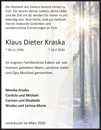 Anzeige von Klaus Dieter Kraska von Zeitungsgruppe Köln
