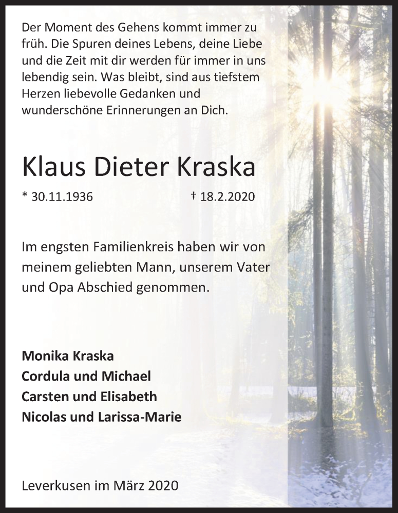  Traueranzeige für Klaus Dieter Kraska vom 14.03.2020 aus Zeitungsgruppe Köln