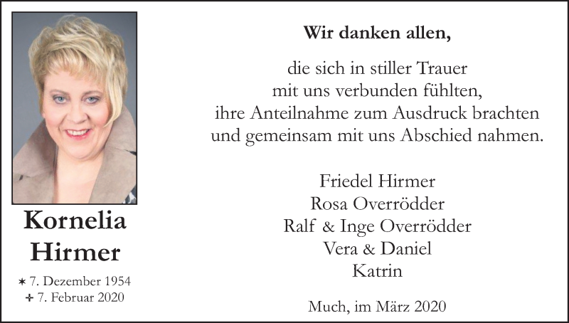  Traueranzeige für Kornelia Hirmer vom 11.03.2020 aus Kölner Stadt-Anzeiger / Kölnische Rundschau / Express