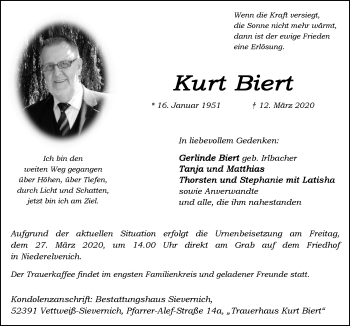 Anzeige von Kurt Biert von  Blickpunkt Euskirchen 