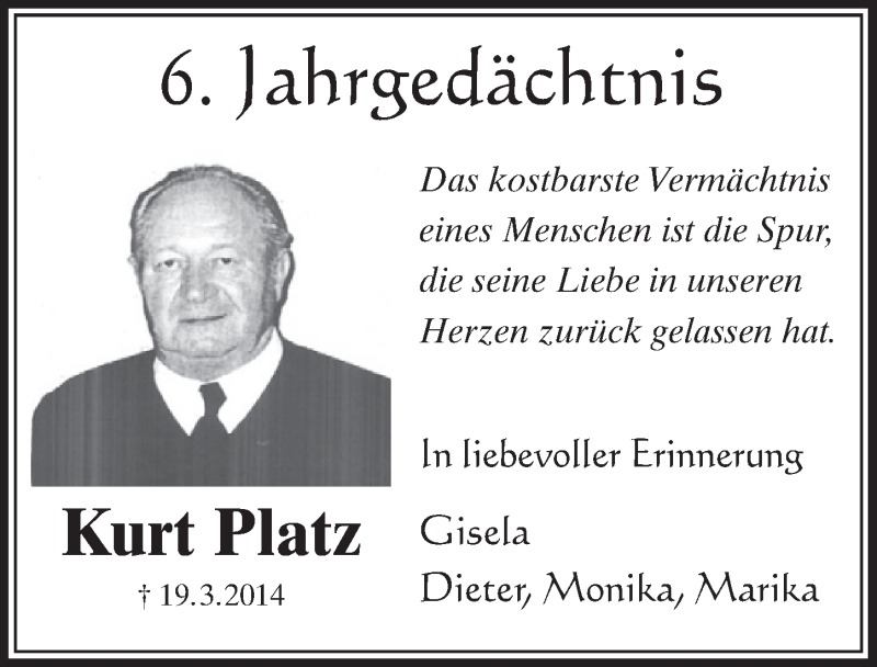  Traueranzeige für Kurt Platz vom 18.03.2020 aus  Schlossbote/Werbekurier 