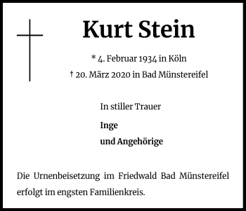 Anzeige von Kurt Stein von Kölner Stadt-Anzeiger / Kölnische Rundschau / Express