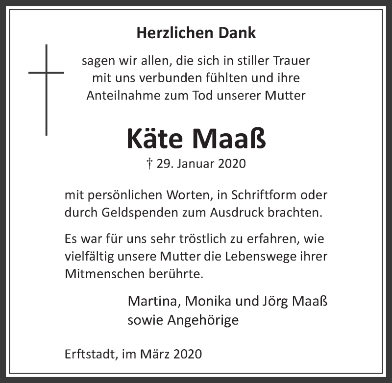  Traueranzeige für Käte Maaß vom 11.03.2020 aus  Werbepost 