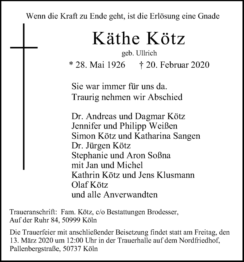  Traueranzeige für Käthe Kötz vom 07.03.2020 aus Kölner Stadt-Anzeiger / Kölnische Rundschau / Express