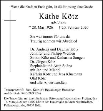 Anzeige von Käthe Kötz von Kölner Stadt-Anzeiger / Kölnische Rundschau / Express