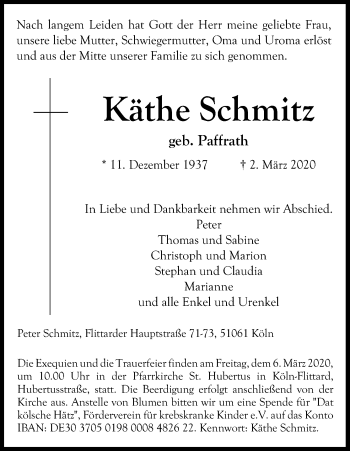 Anzeige von Käthe Schmitz von Kölner Stadt-Anzeiger / Kölnische Rundschau / Express