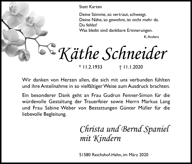  Traueranzeige für Käthe Schneider vom 14.03.2020 aus Zeitungsgruppe Köln