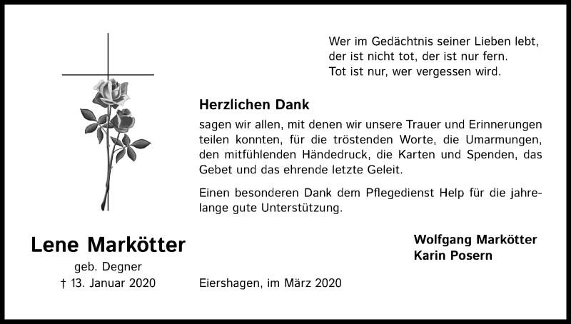  Traueranzeige für Lene Markötter vom 07.03.2020 aus Kölner Stadt-Anzeiger / Kölnische Rundschau / Express