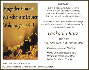 Anzeige von Leokadia Ratz von  Lokalanzeiger 
