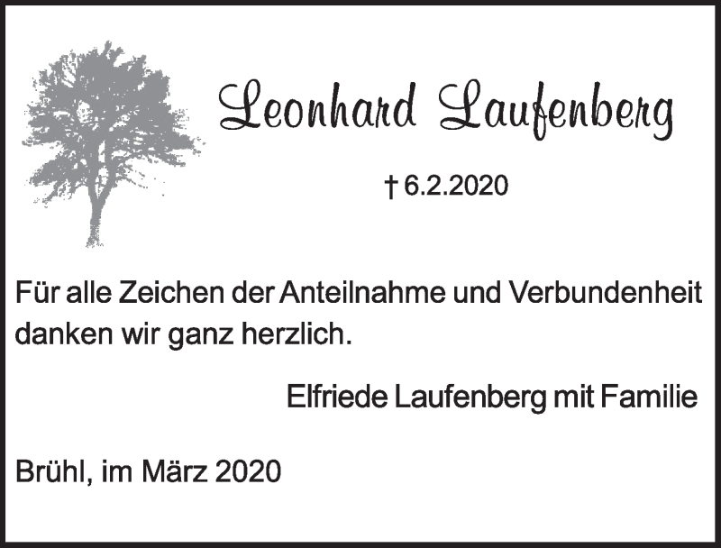  Traueranzeige für Leonard Laufenberg vom 11.03.2020 aus  Schlossbote/Werbekurier 