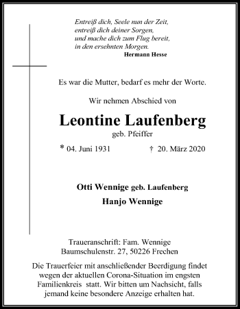 Anzeige von Leontine Laufenberg von Kölner Stadt-Anzeiger / Kölnische Rundschau / Express