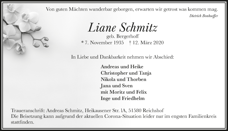  Traueranzeige für Liane Schmitz vom 27.03.2020 aus  Anzeigen Echo 