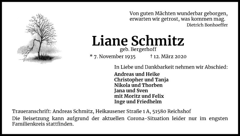  Traueranzeige für Liane Schmitz vom 21.03.2020 aus Kölner Stadt-Anzeiger / Kölnische Rundschau / Express