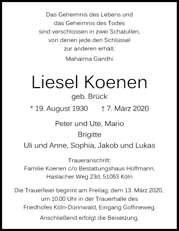 Anzeige von Liesel Koenen von Kölner Stadt-Anzeiger / Kölnische Rundschau / Express