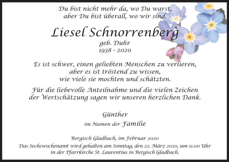 Traueranzeige für Liesel Schnorrenberg vom 13.03.2020 aus Kölner Stadt-Anzeiger / Kölnische Rundschau / Express