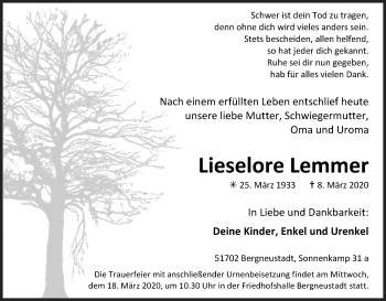 Anzeige von Lieselore Lemmer von Zeitungsgruppe Köln