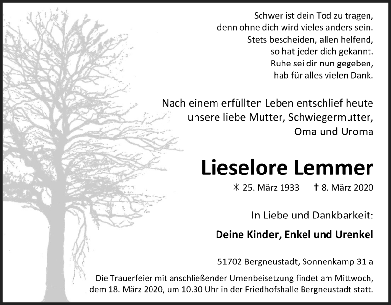  Traueranzeige für Lieselore Lemmer vom 14.03.2020 aus Zeitungsgruppe Köln