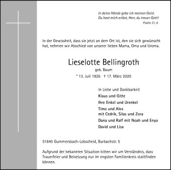Anzeige von Lieselotte Bellingroth von Zeitungsgruppe Köln