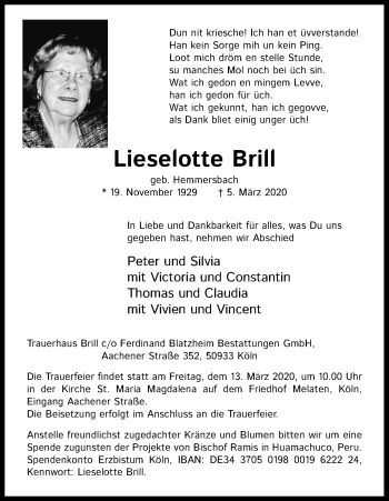 Anzeige von Lieselotte Brill von Kölner Stadt-Anzeiger / Kölnische Rundschau / Express