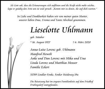 Anzeige von Lieselotte Uhlmann von Kölner Stadt-Anzeiger / Kölnische Rundschau / Express