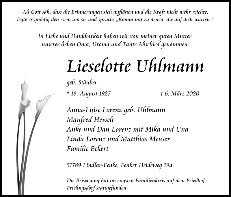  Traueranzeige für Lieselotte Uhlmann vom 21.03.2020 aus Kölner Stadt-Anzeiger / Kölnische Rundschau / Express