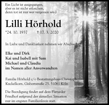 Anzeige von Lilli Hörhold von Kölner Stadt-Anzeiger / Kölnische Rundschau / Express