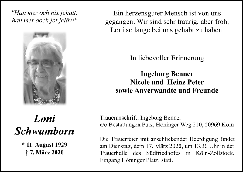  Traueranzeige für Loni Schwamborn vom 14.03.2020 aus Zeitungsgruppe Köln
